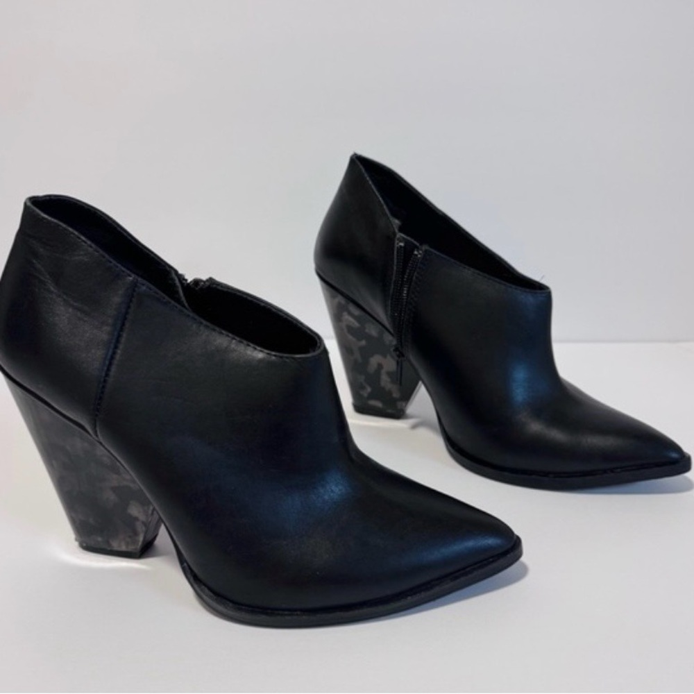 Black Leather Pointed Toe Ankle Booties with Patterned Block Heel